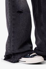 Paneled Distressed Kick Flare Denim - Black