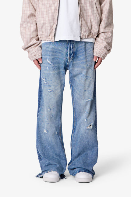 Paneled Distressed Kick Flare Denim - Blue