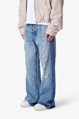 Paneled Distressed Kick Flare Denim - Blue