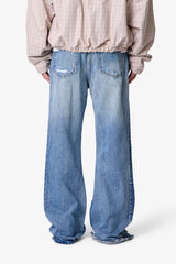 Paneled Distressed Kick Flare Denim - Blue