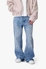 Paneled Distressed Kick Flare Denim - Blue