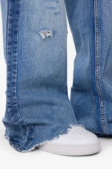 Paneled Distressed Kick Flare Denim - Blue