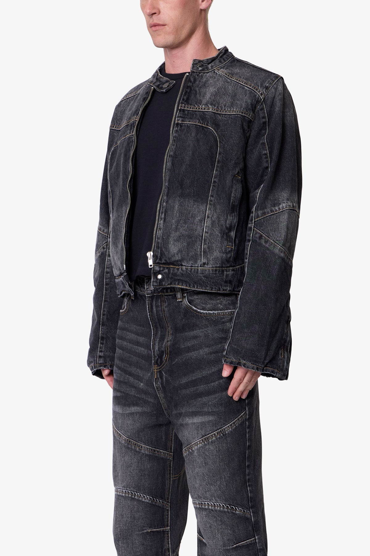 Paneled Moto Denim Jacket - Washed Black | mnml