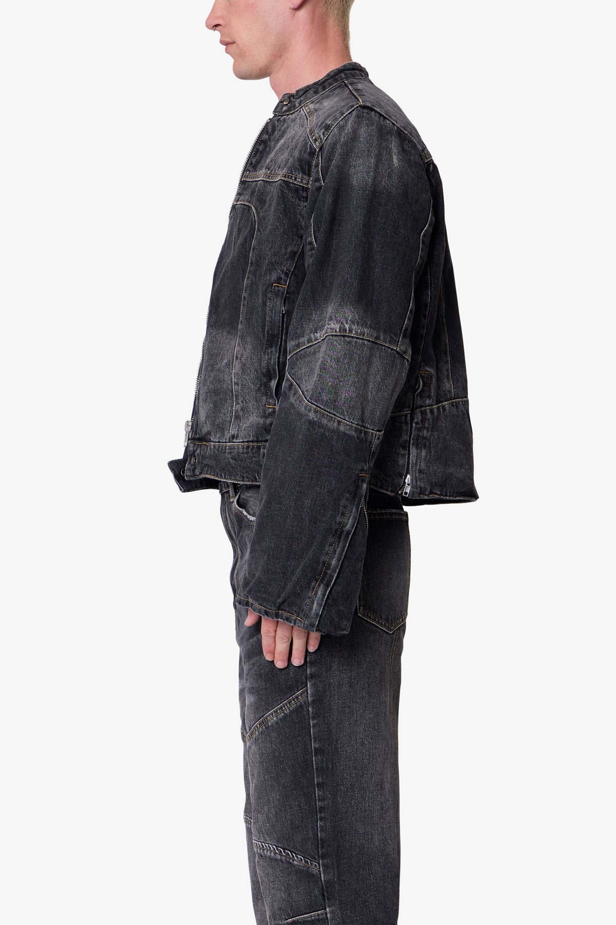 Paneled Moto Denim Jacket - Washed Black | mnml