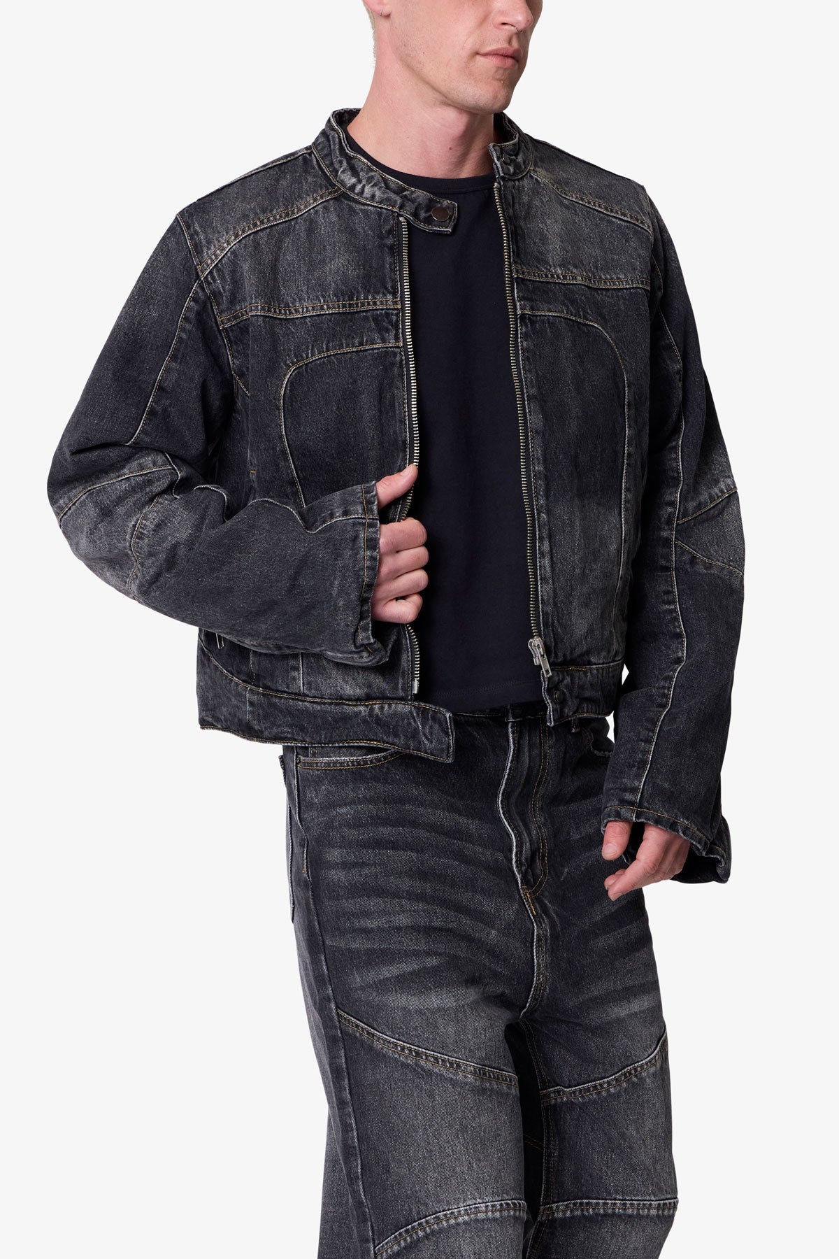 Paneled Moto Denim Jacket - Washed Black | mnml