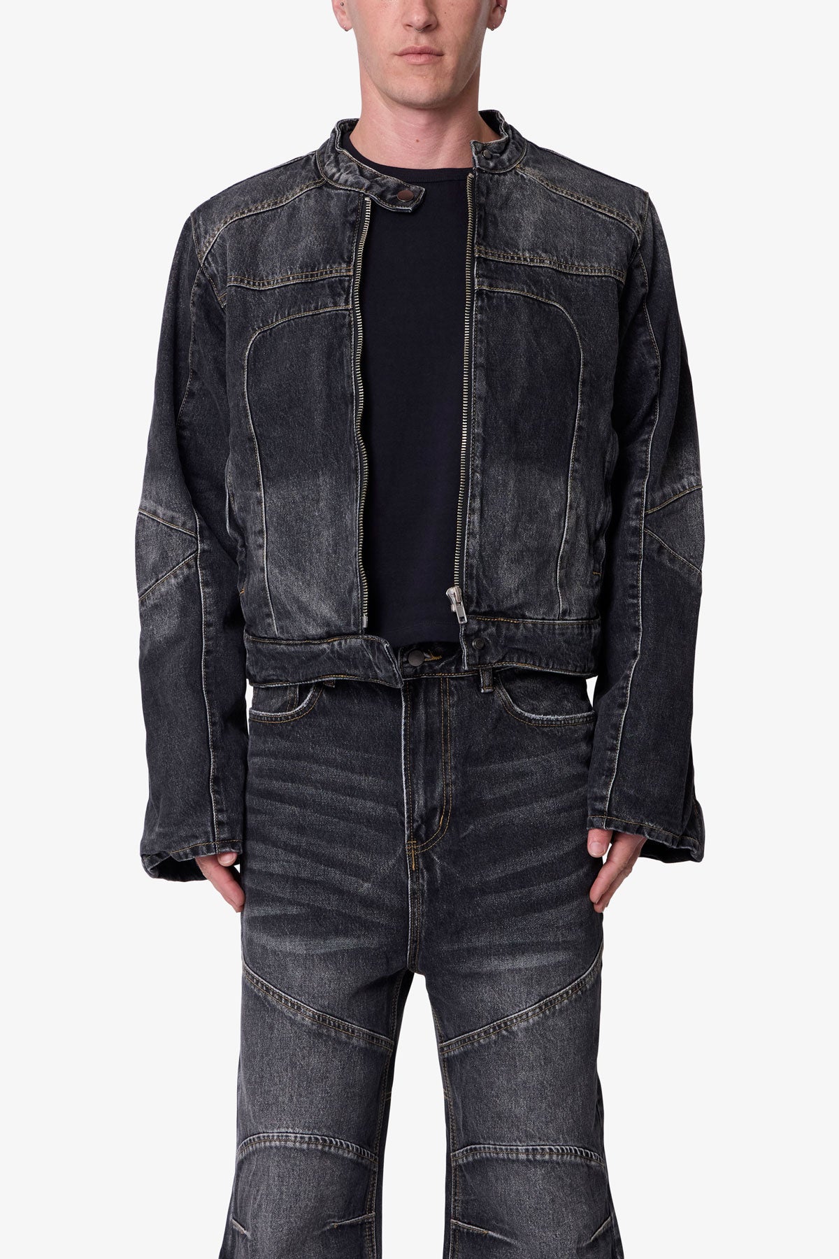 Paneled Moto Denim Jacket - Washed Black | mnml