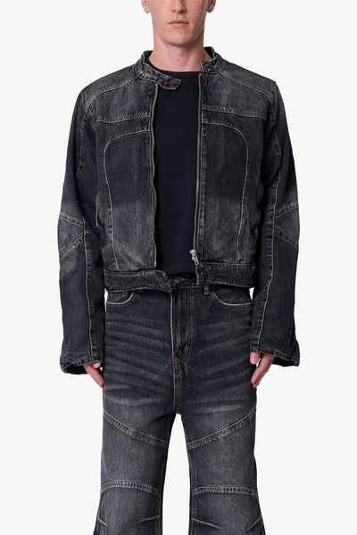 Paneled Moto Denim Jacket - Washed Black | mnml