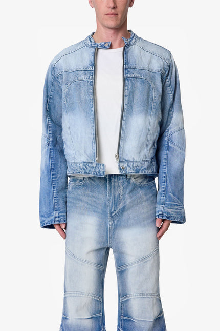 Paneled Moto Denim Jacket - Washed Blue