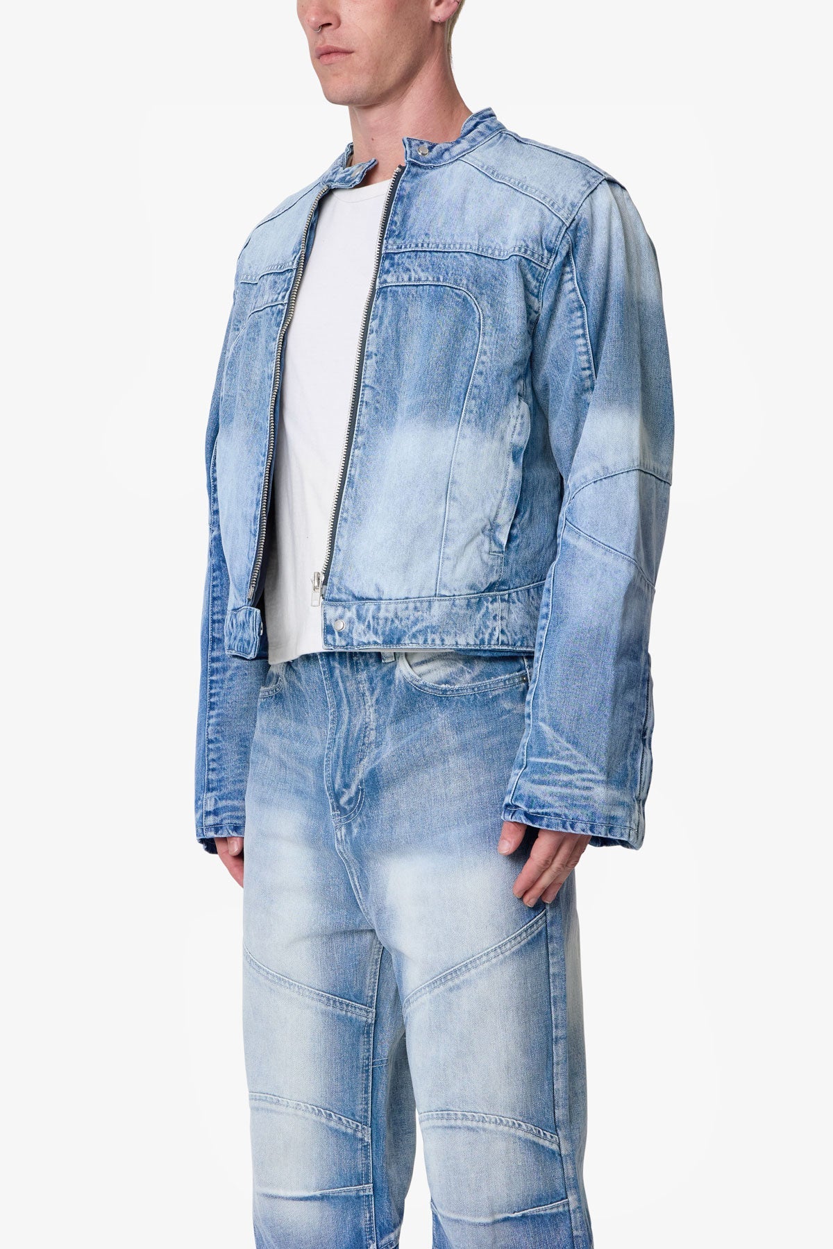 Paneled Moto Denim Jacket - Washed Blue | mnml