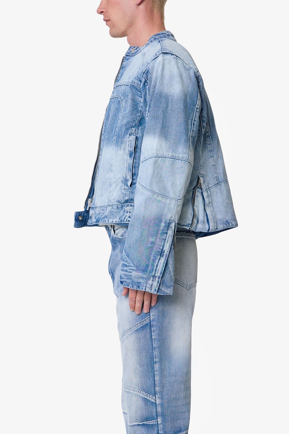 Paneled Moto Denim Jacket - Washed Blue | mnml