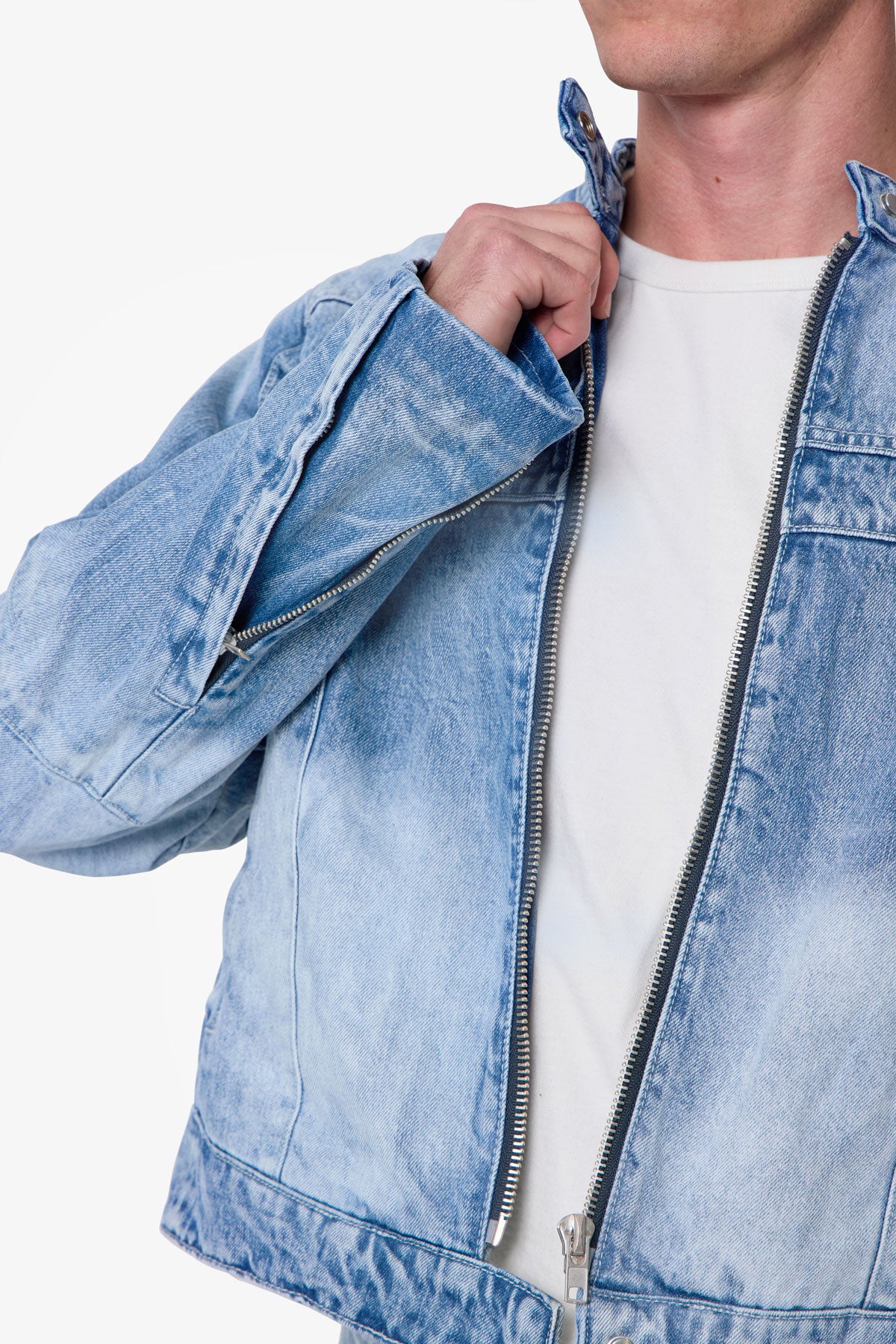 Paneled Moto Denim Jacket - Washed Blue | mnml