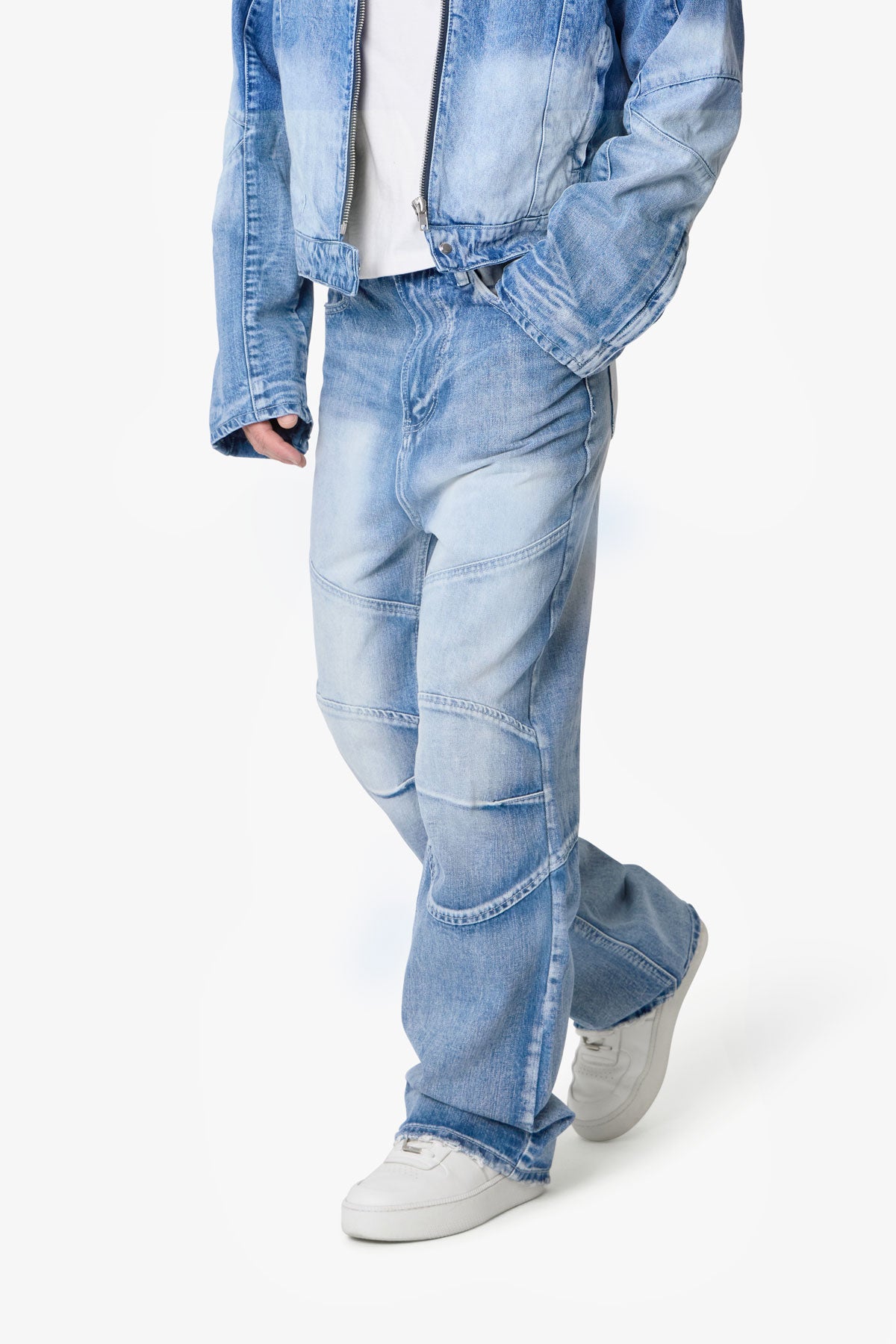 Paneled Moto Denim - Washed Blue | mnml