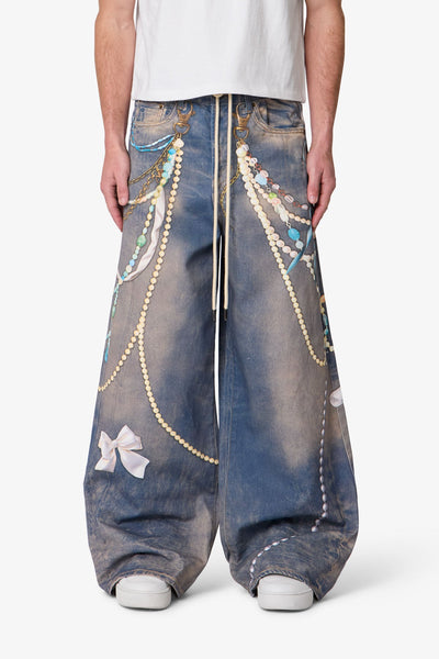 パンツ Washed Denim Wide Pants Graphic Print Rave Chain Printed Denim - Washed Blue | mnml
