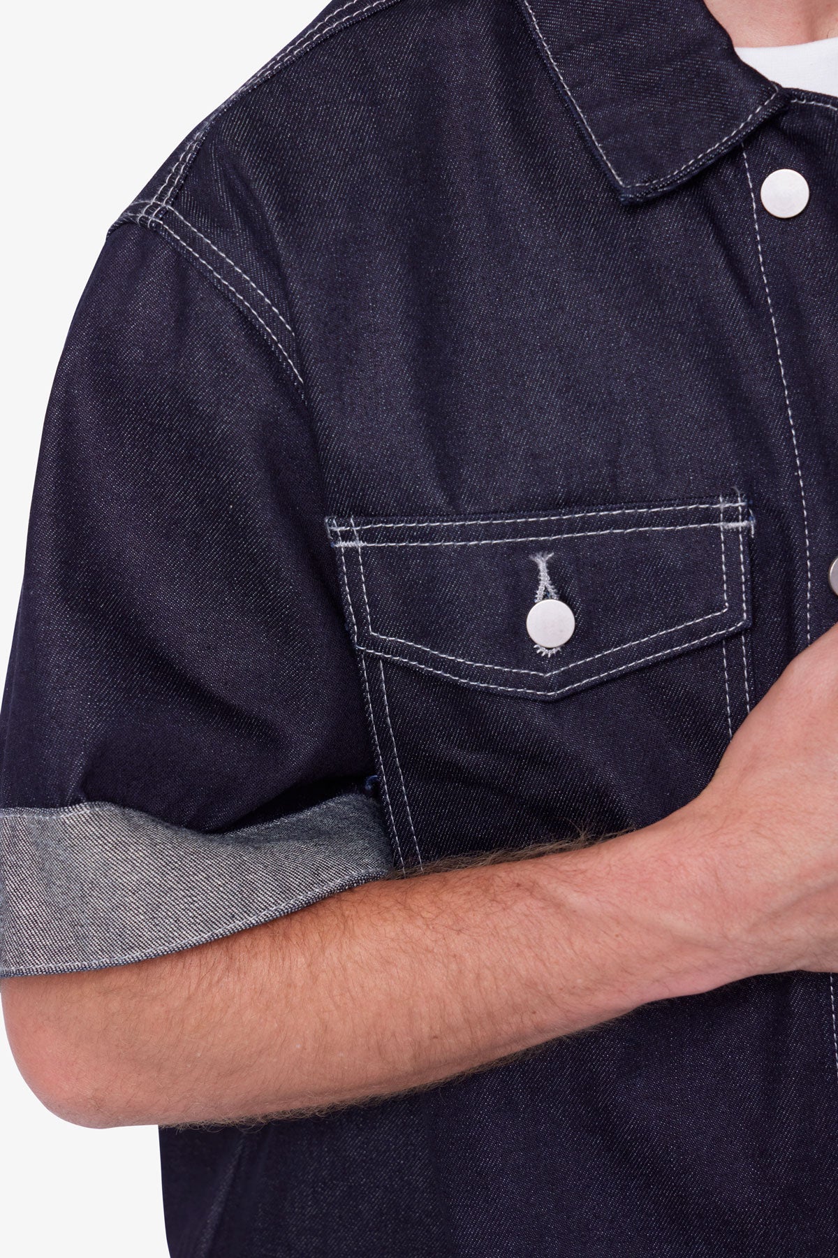 mnml Denim Work Shirt デニムシャツ Raw Denim Short-Sleeve Jacket - Blue | mnml