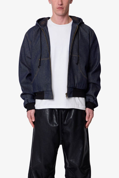 Raw Hooded Denim Jacket - Rinsed Indigo | mnml