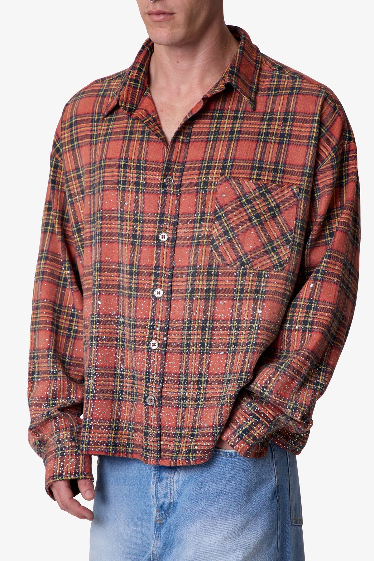Rhinestone Flannel Shirt - Red | mnml