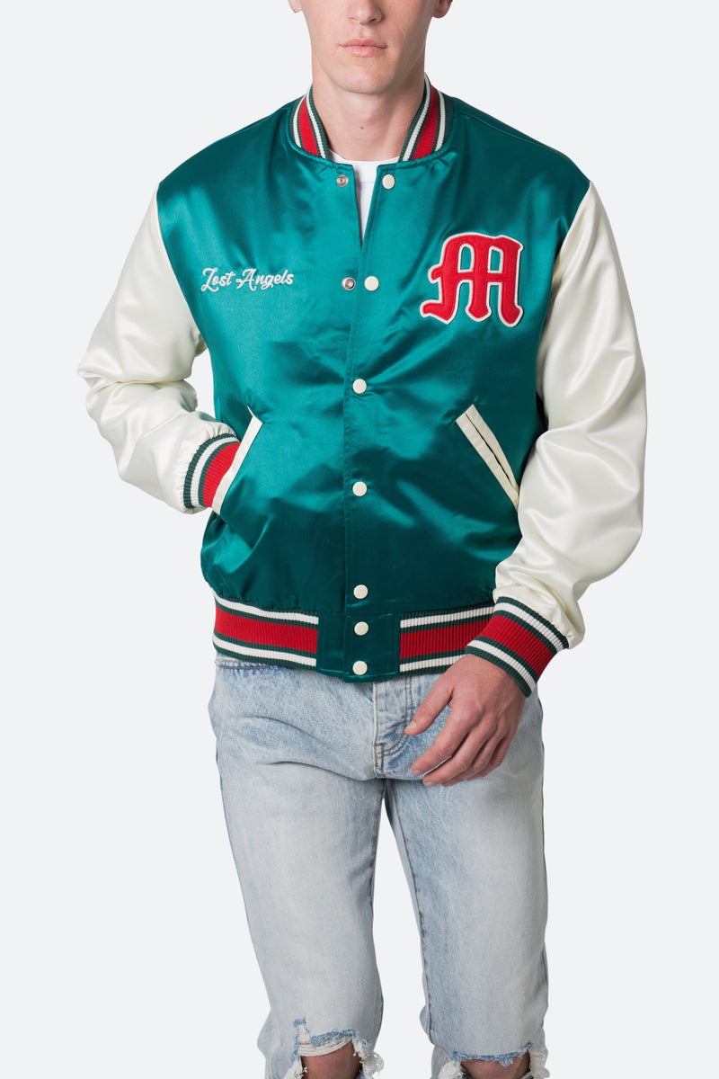 Satin Varsity Jacket Green/White mnml shop now