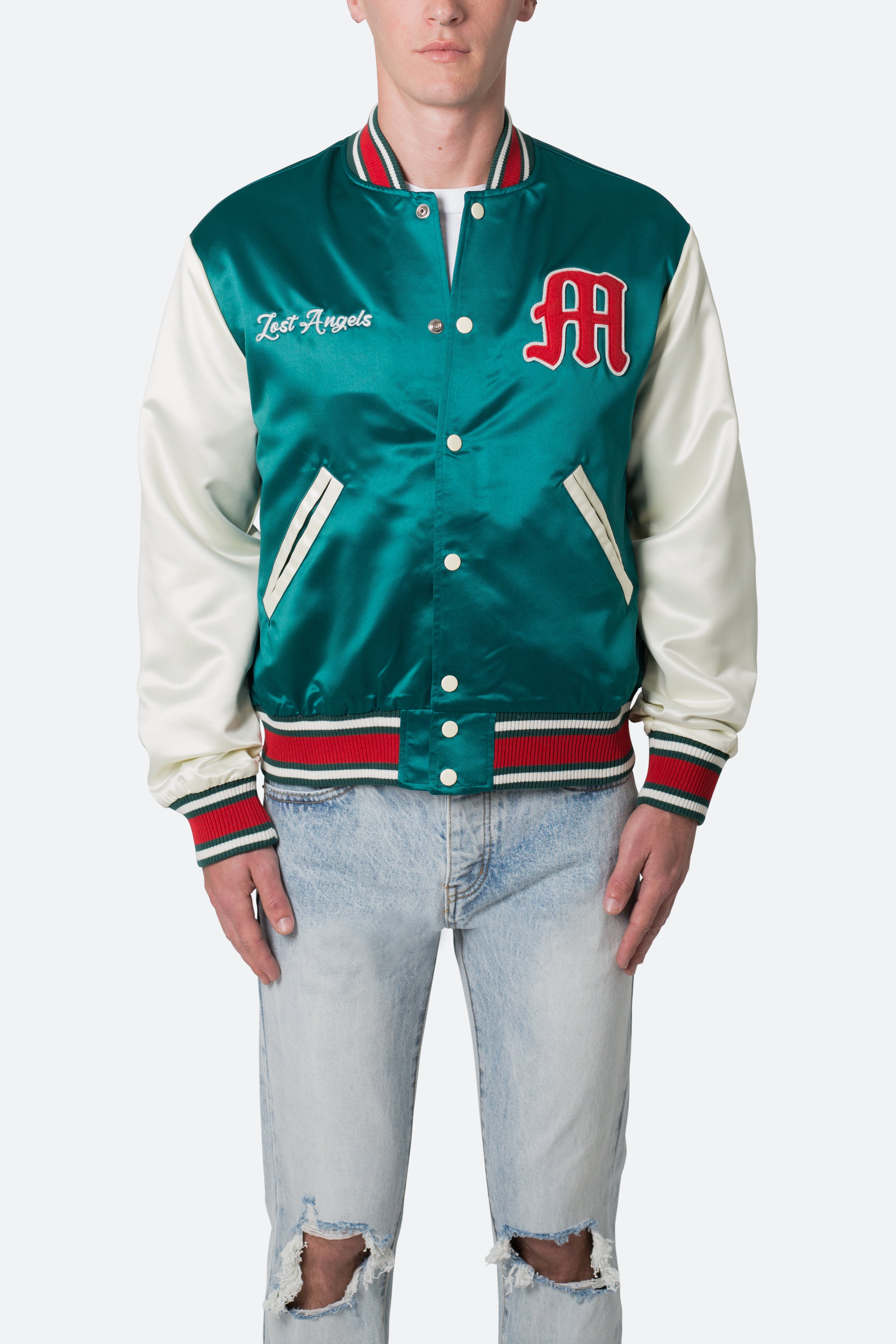 Satin Varsity Jacket - Green/White | mnml | shop now