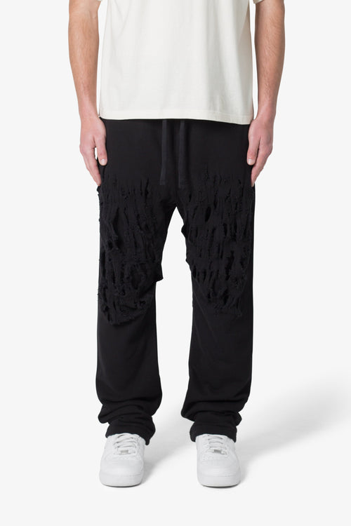 Shredded Layered Baggy Sweatpants - Black