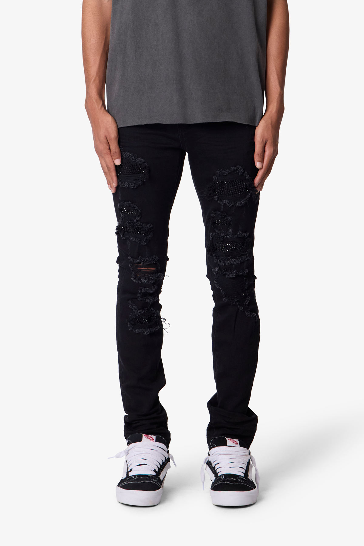 パンツ [mnml] Rhinestone Skinny Denim Black (28 Skinny Distressed Rhinestone Denim - Black | mnml