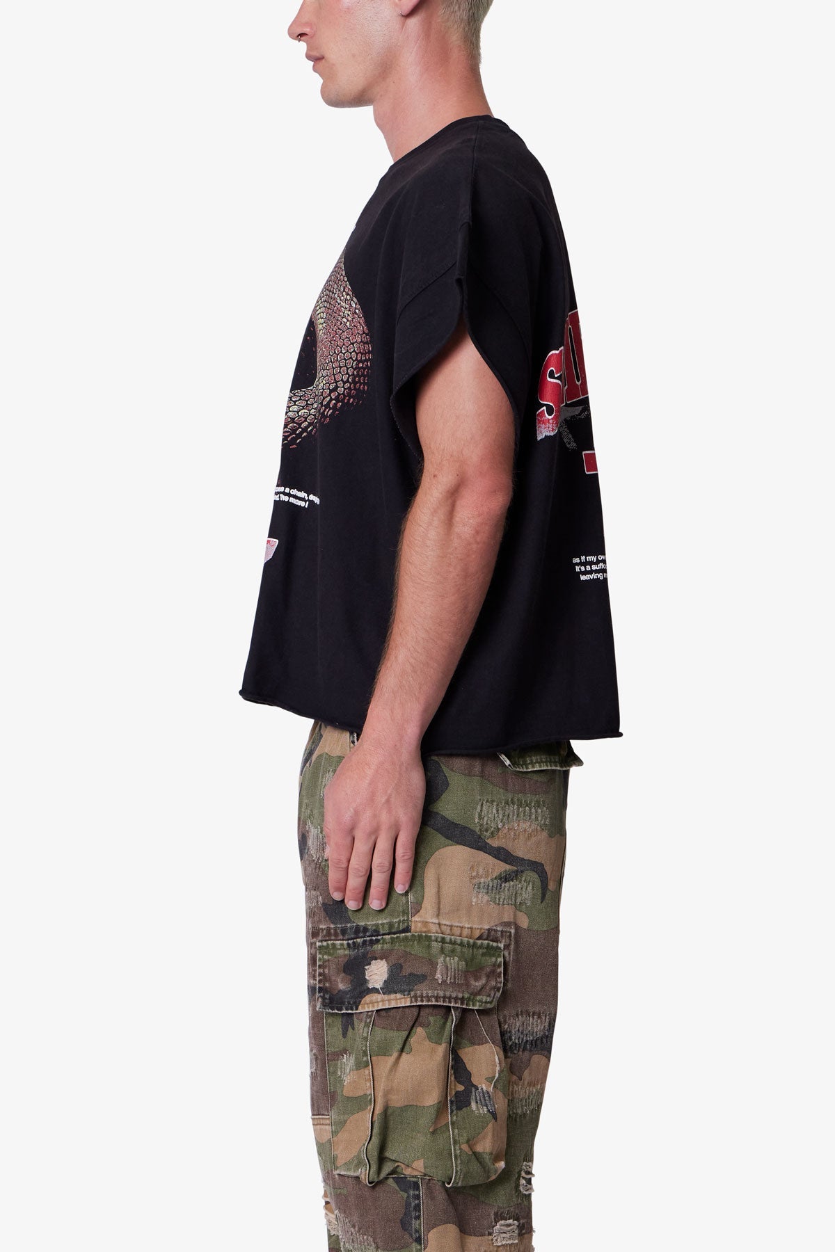 【mnem】Cutout Strap Off Tee Snake Cutoff Tee - Vintage Black | mnml | shop now