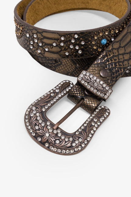 Snake Skin Turquoise Studded Belt - Brown