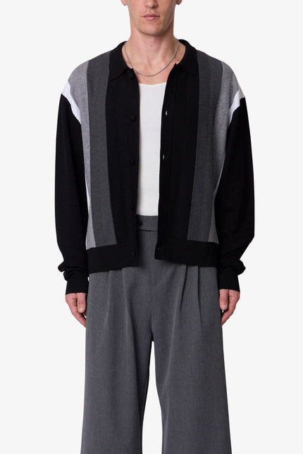 Striped Collared Cardigan Sweater - Black