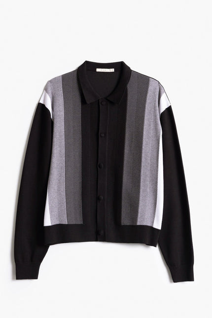 Striped Collared Cardigan Sweater - Black