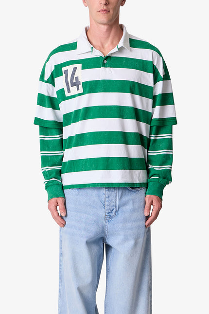 Striped Layered L/S Polo Shirt - Green/White