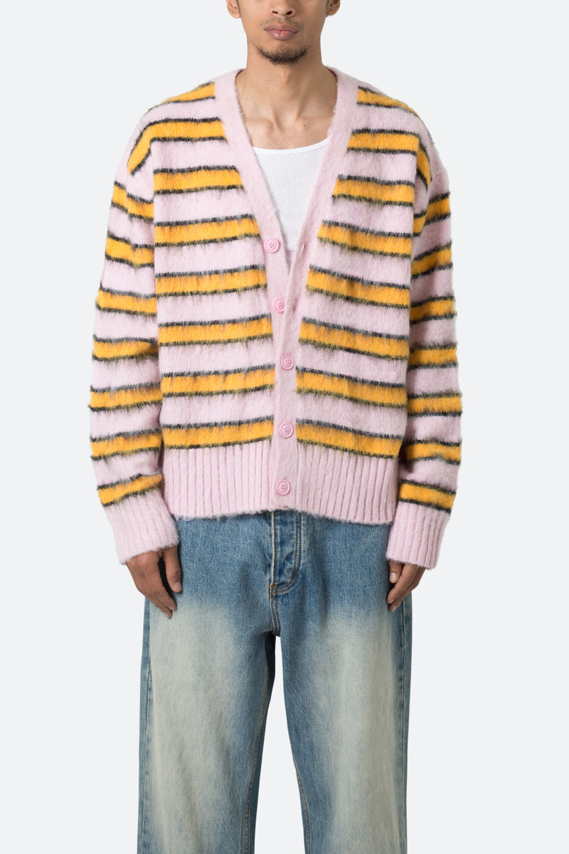Striped Mohair Cardigan Sweater - Pink