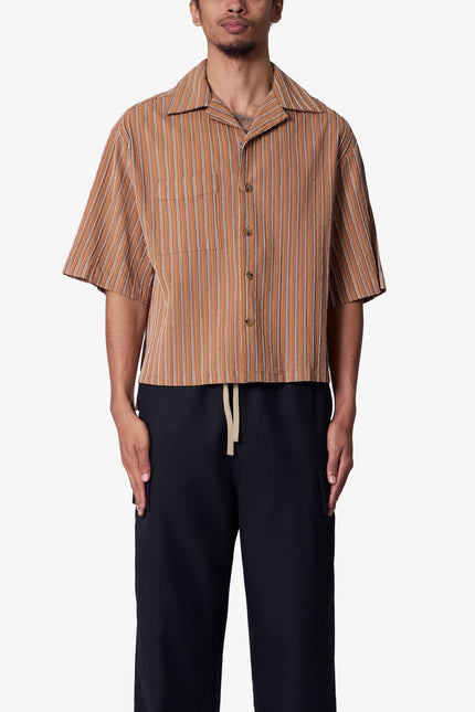 Striped Woven Cropped Shirt - Brown