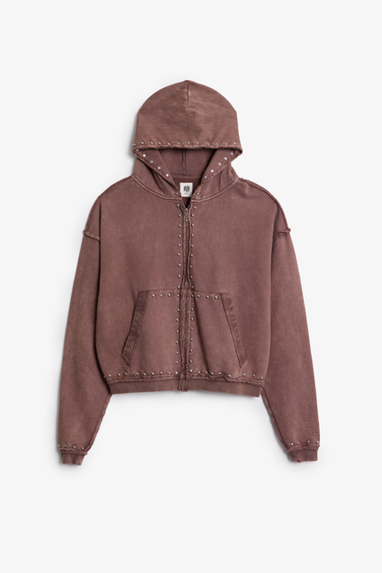 Studded Ruffle Zip Up Hoodie - Washed Brown