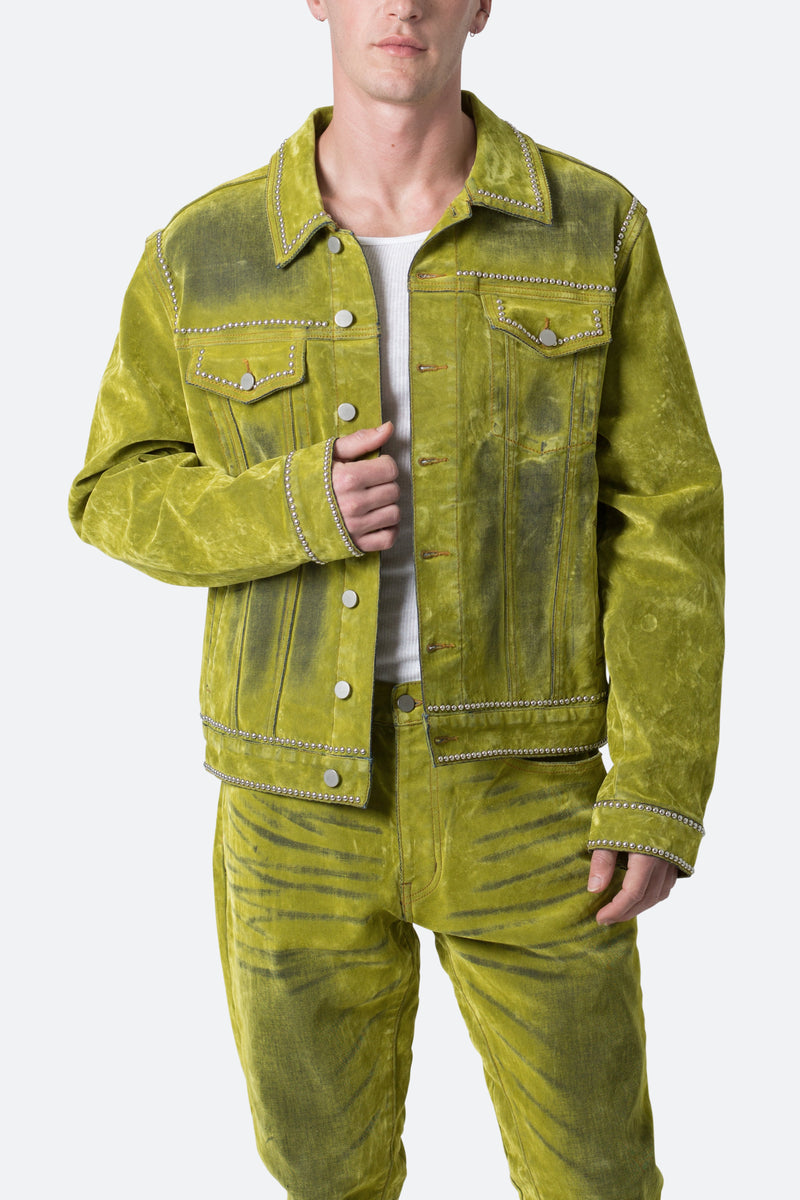 Studded Suede Denim Jacket - Green | mnml | shop now
