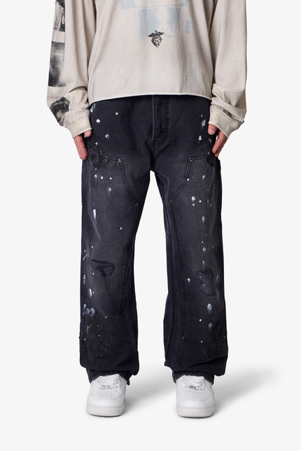 Torn Fleur Double Knee Pants - Washed Black