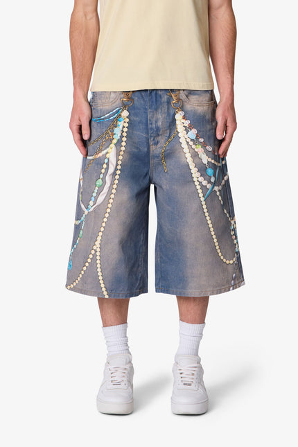 Short en jean ultra ample à imprimé chaîne - Bleu clair