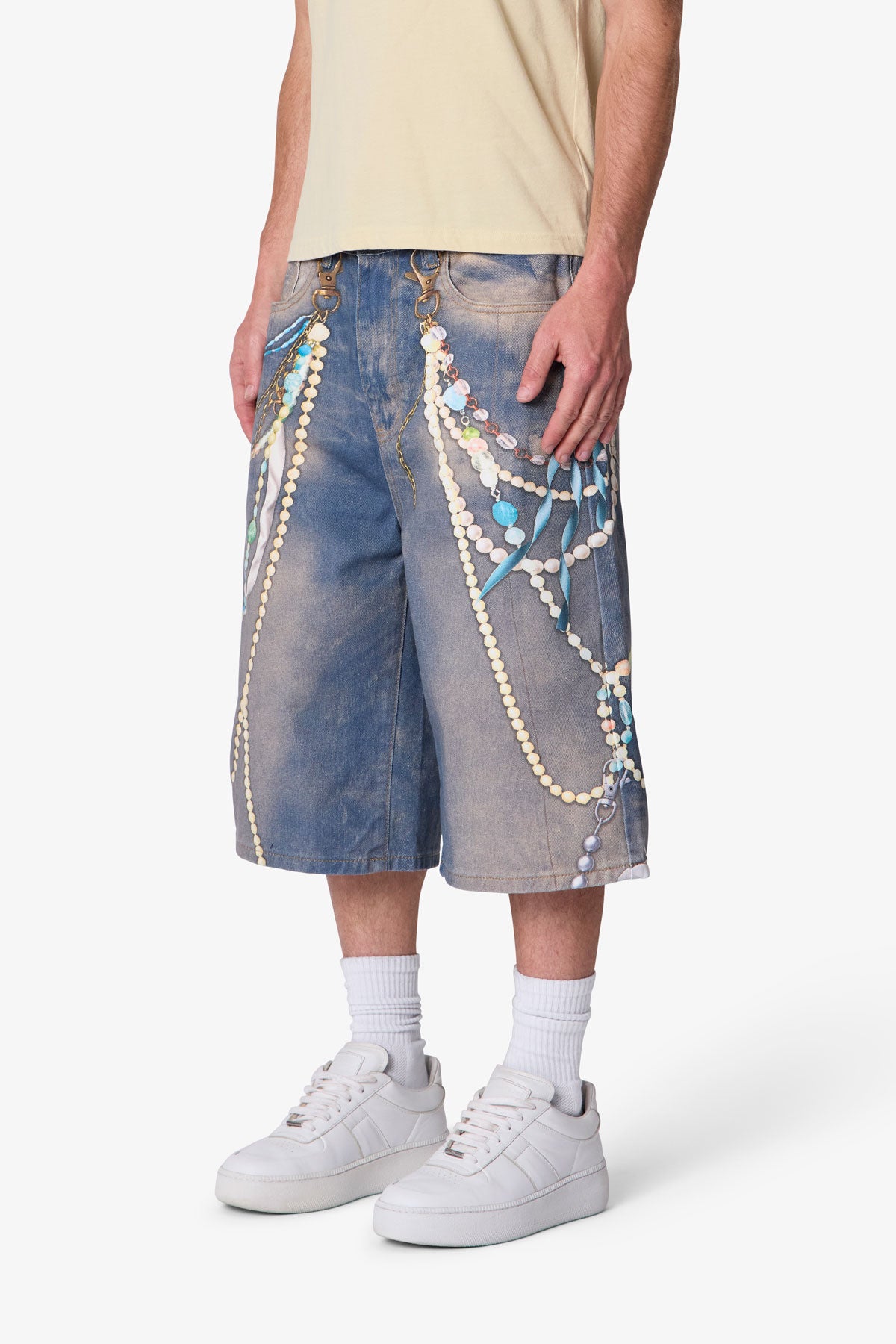Ultra Baggy Chain Printed Denim Shorts - Light Blue | mnml