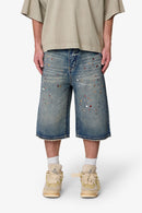 Short en jean ultra ample à cristaux - Bleu