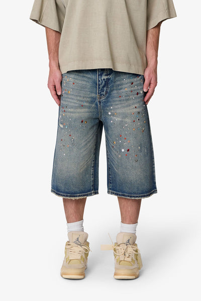 Ultra Baggy Crystal Denim Shorts - Blue | mnml