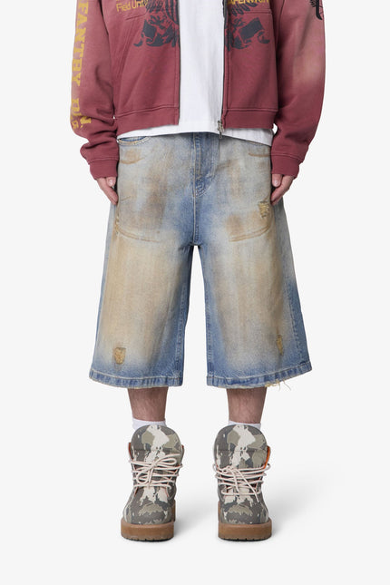 Ultra Baggy Dirty Denim Shorts - Washed Blue