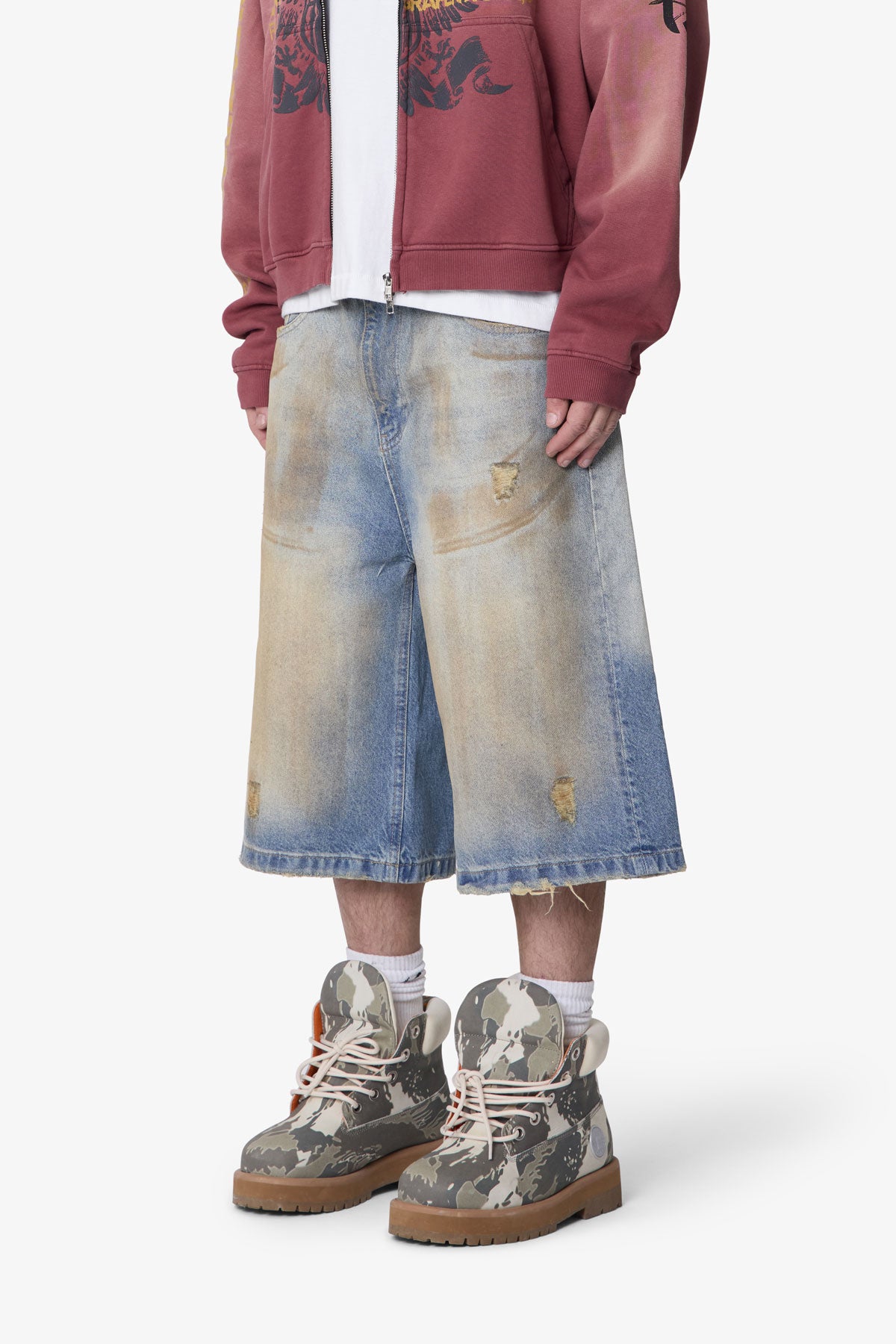Ultra Baggy Dirty Denim Shorts - Washed Blue | mnml