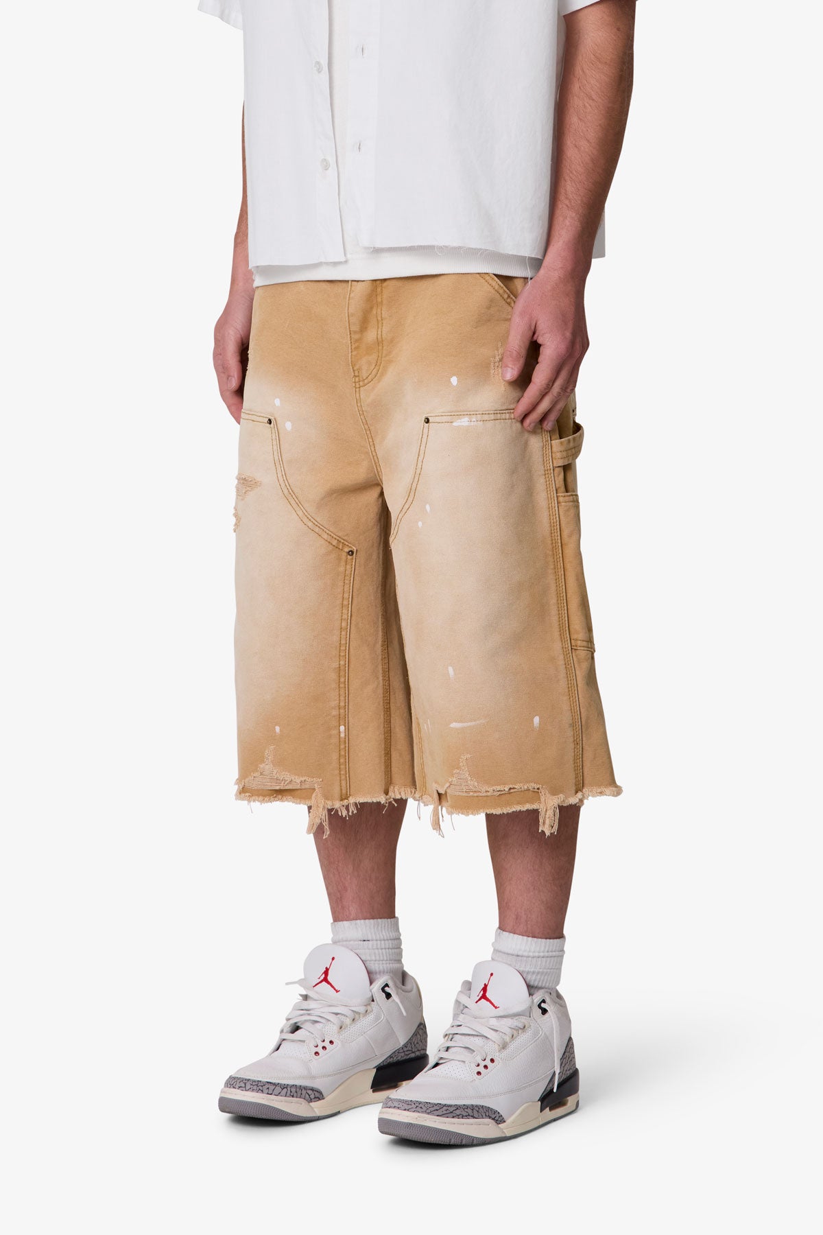 Ultra Baggy Distressed Carpenter Shorts - Tan | mnml
