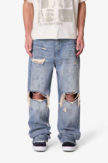 Ultra Baggy Distressed Zipper Denim - Vintage Blue