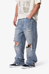 Ultra Baggy Distressed Zipper Denim - Vintage Blue
