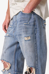Ultra Baggy Distressed Zipper Denim - Vintage Blue