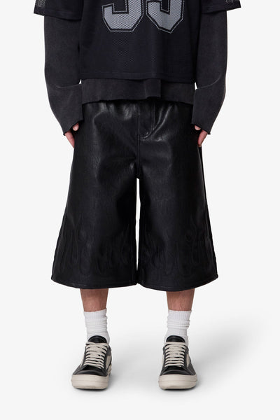 Ultra Baggy Leather Flame Shorts - Black | mnml