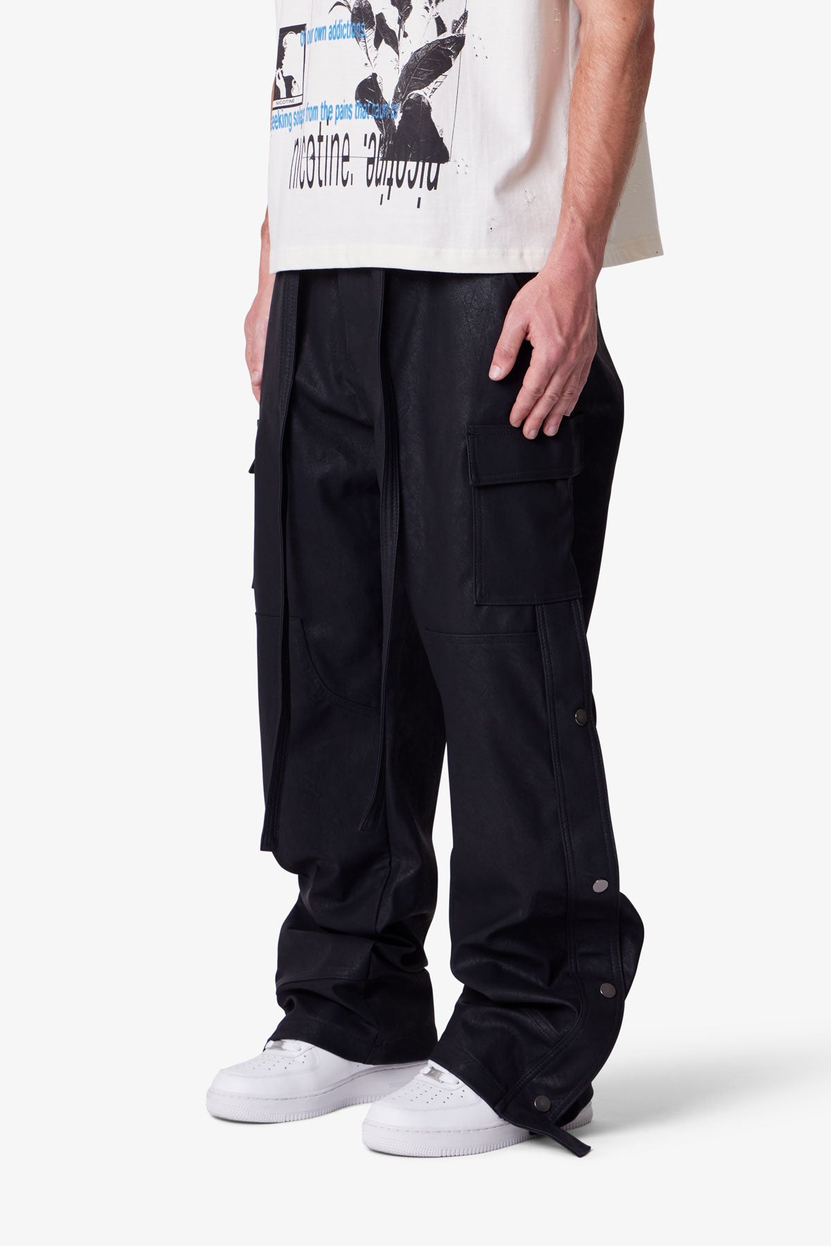 Ultra Baggy Leather Snap Cargo Pants - Black | mnml