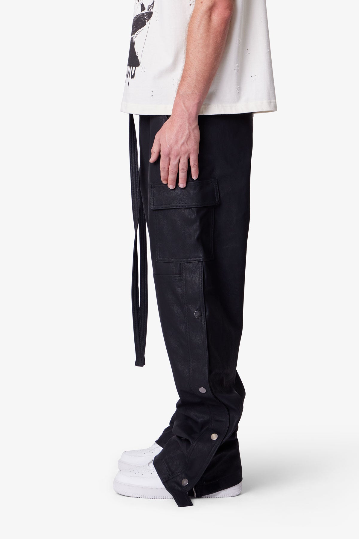 Ultra Baggy Leather Snap Cargo Pants - Black | mnml