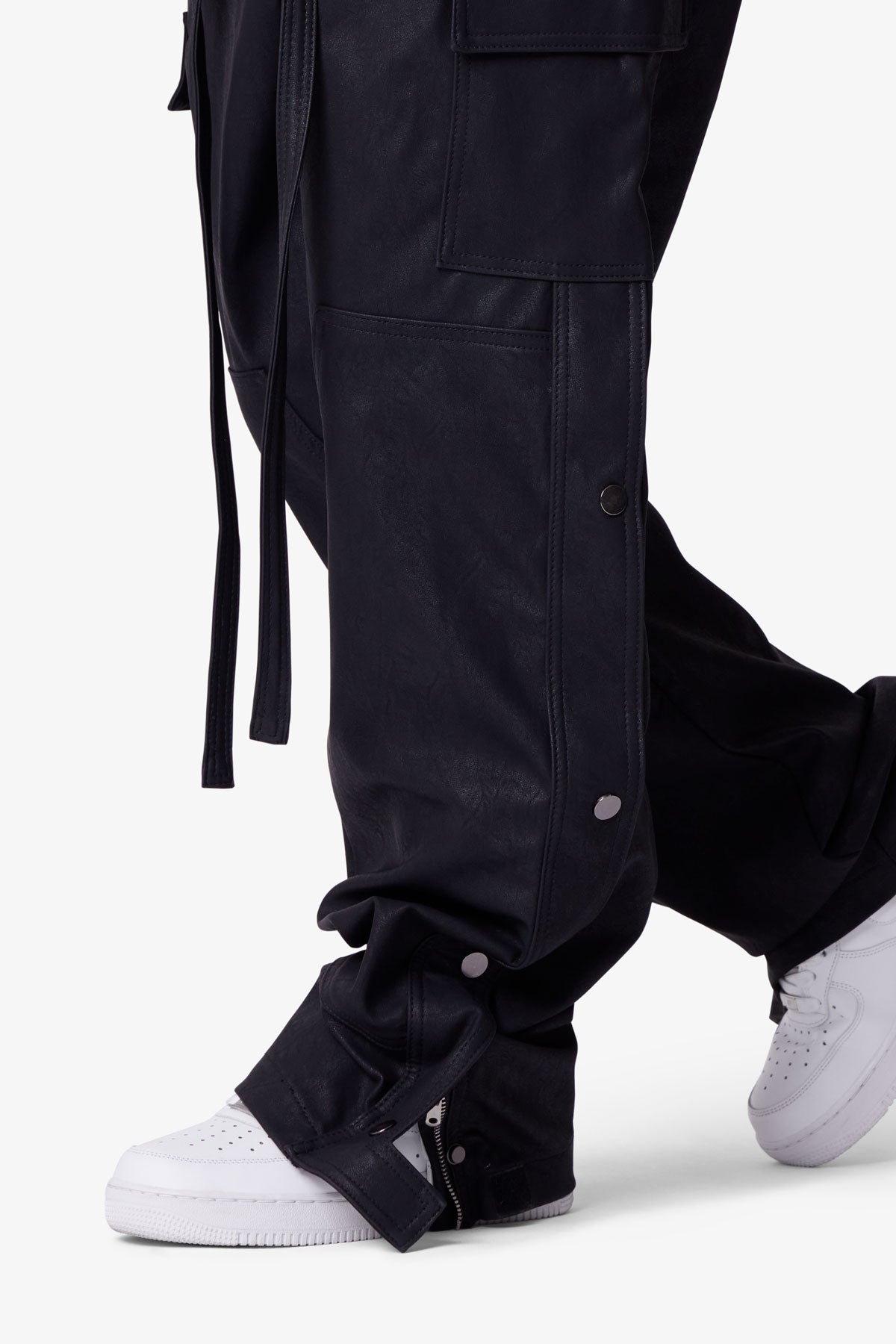 Ultra Baggy Leather Snap Cargo Pants - Black | mnml