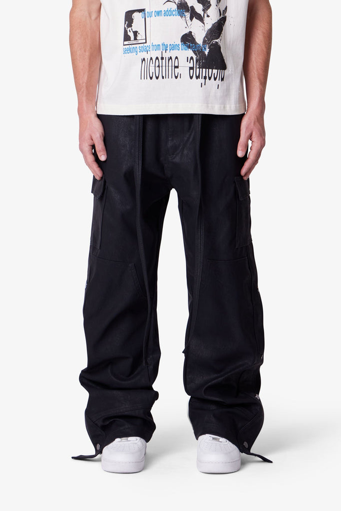 Ultra Baggy Leather Snap Cargo Pants - Black | mnml