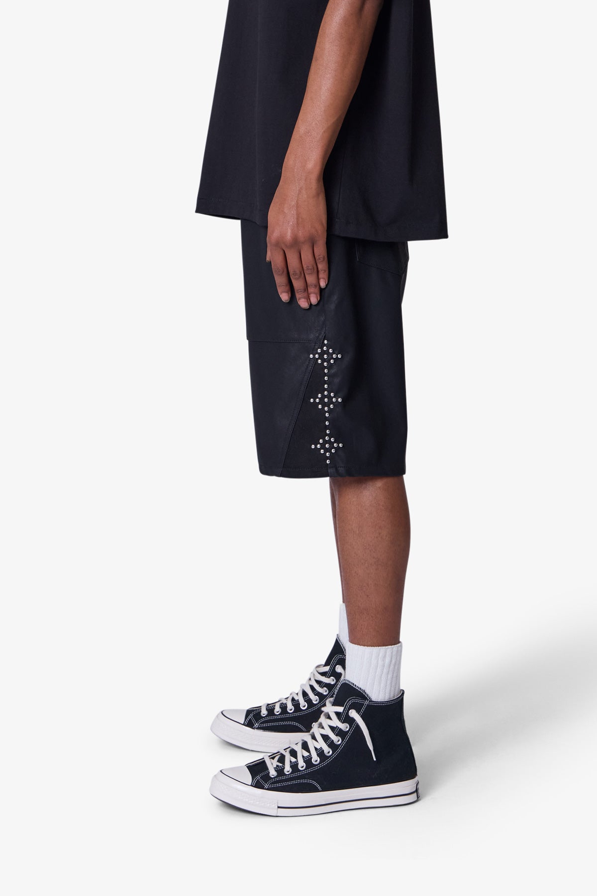 Ultra Baggy Leather Studded Shorts - Black | mnml